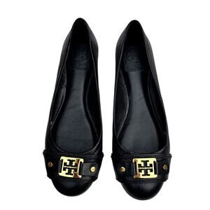 Tory Burch Clines Ballet Flats Size 7 Black Pebbled Leather Gold Logo